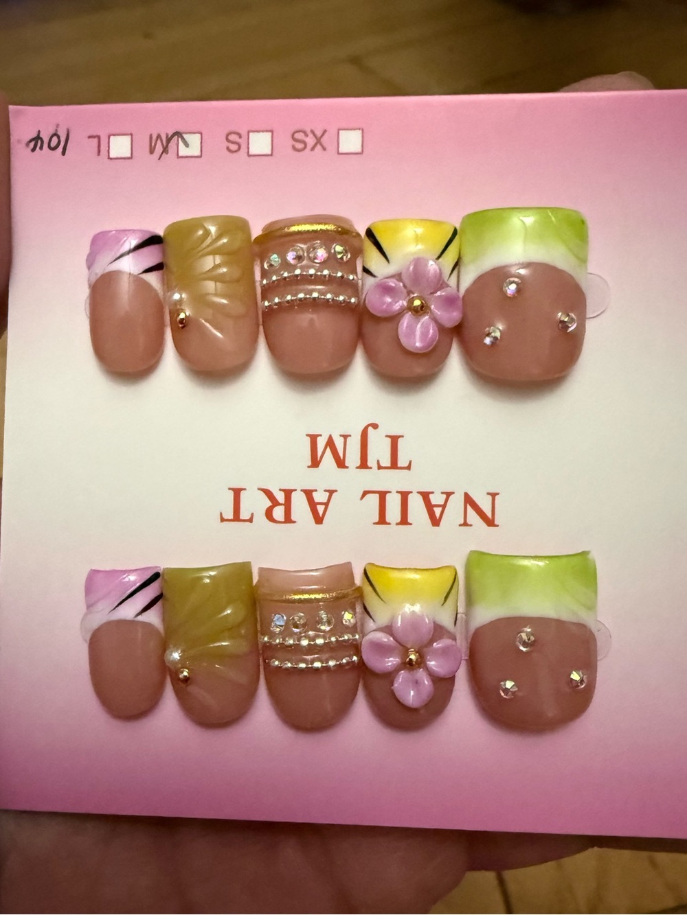 Floral Pink & Green Press-On Nail Set with Rhinestones Size M